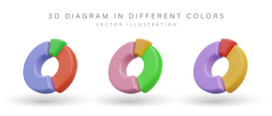 Fototapete - Diagrams in different colors. Charts in blue, purple and red colors for website or presentation. Concept of sale and business. Vector illustration in 3d style with place for text