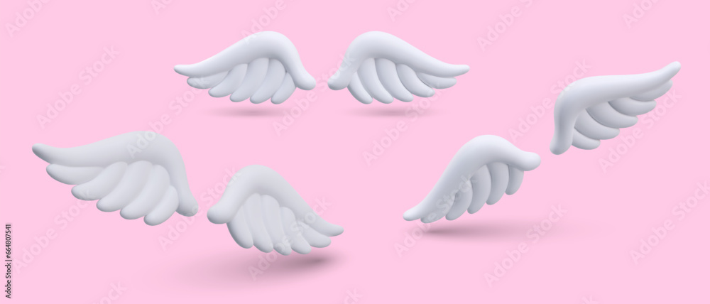 3d realistic angel wings in different positions on pink background with shadow. Concept of sale. White cute wings of animal. Vector illustration in 3d style