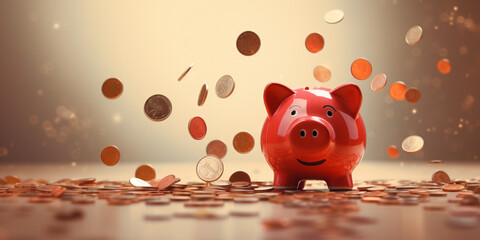 Wall Mural - Piggy bank with falling coins