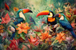 Animals and nature concept. Toucan birds in colorful jungle background. Watercolor and pencil drawing style background with copy space