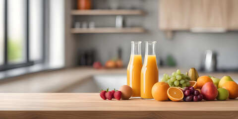 fruits and juice on wooden tabletop counter. in front of bright out of focus kitchen. copy space.