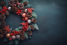 Christmas Wreath With Red And Golden Balls Isolated On Blue Background. Copy Space On The Right.
