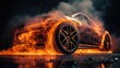 Car in fire on dark background.
