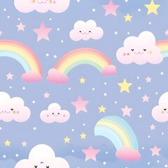  Rainbow, cloud and stars seamless pattern background.