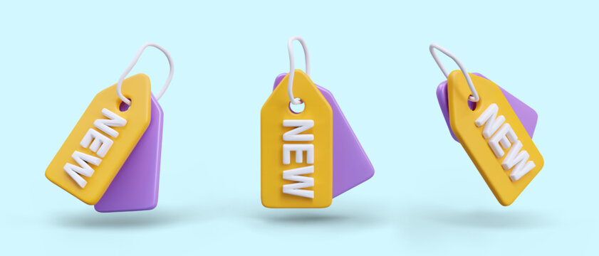 Set of tags, labels New. Vector illustrations for online store of clothes, shoes, accessories. Marking of goods from new collection. Subject in different positions. Image on blue background