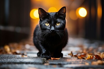 a black cat on a brick walkway