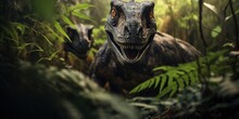 A Sleek Velociraptor Pack Moves Stealthily Through A Dense Fern-covered Underbrush, Their Sharp Claws And Eyes Hinting At An Imminent Hunt