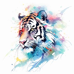  Watercolor tiger head on isolated with white background.