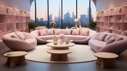 Aufkleber - Light pink commercial large space, with chairs, single sofas, coffee tables.