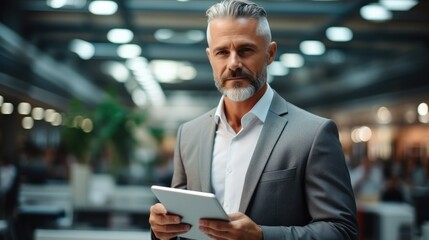 Aufkleber - Mature CEO businessman holding digital tablet checking work at workplace.