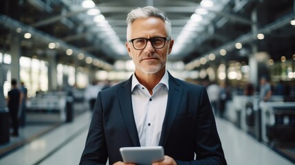 Aufkleber - Mature CEO businessman holding digital tablet checking work at workplace.