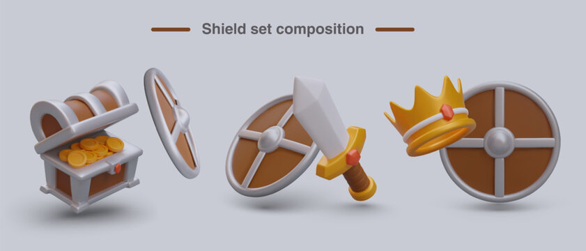 Shield set composition. Realistic chest with gold coins, sword for fighting, gold crown with diamond. Vector illustration in 3d style with place for text