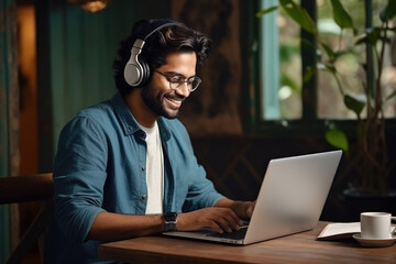 Online Lesson, Smiling Young Indian Man Using Laptop
