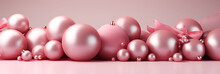 Banner Of Pink Christmas Ornamental Balls In Row. Pink Christmas Baubles On A Pink Background, Banner, Poster, Postcard.