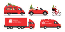 Set Of Santa Claus Driving A Red Courier Van.