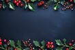 a colorful christmas border with mistletoe, snowman and little lamps tumblr, navy background for flat lay, generative ai