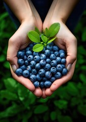 Fresh ripe blueberries covered with fresh watherdrops with green leaves. Generative Ai.