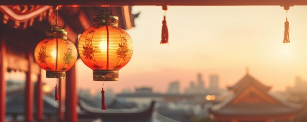 Japanese lantern in the chinese temple in street of city, panorama. Generative Ai.