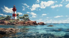 A Beautiful Lighthouse Against A Blue Sky And Sea
