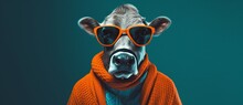 A Cow Wearing A Sweater And Sunglasses, In The Style Of Vivid Portraiture, Bio-art, Groovy Aesthetics, And Bold Fashion Photography, Featuring Dark Cyan And Orange Hues In Lively Tableaus.