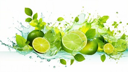 Mojito drink wave splash with lime, ice cubes, water swirl, and mint leaves, liquid beverage with citrus fruit slices, water droplets, and frozen icy blocks,  realistic flow