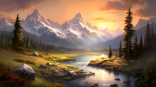 Frame The Pristine Tranquility Of A Mountain Sunrise, With Golden Rays Piercing Through Towering Peaks And Casting A Warm Glow On The Serene Landscape.