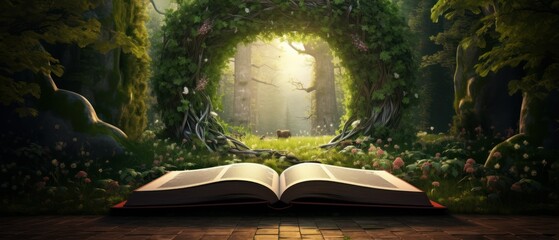 Wall Mural - Open book revealing the jungle. Eco concept. Magical forest.  Knowledge concept