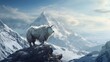 A majestic mountain range blanketed in snow, with a solitary mountain goat perched on a rugged peak.
