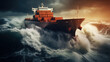 A cargo ship sailing on the sea in a storm. Concept of nature, water element, disaster.