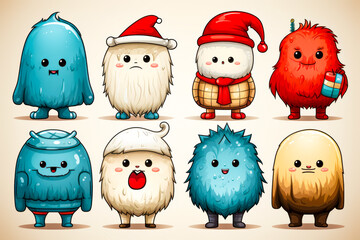 Sticker - Group of cartoon monsters wearing christmas hats and scarves.