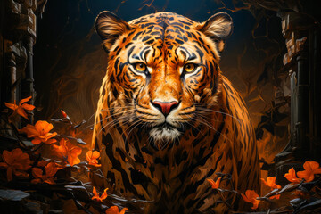 Poster - Image of tiger with orange leaves on the ground.