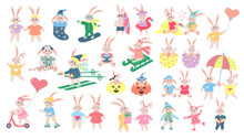 Big Set Of Cute Rabbits. Funny Boy And Girl Bunny In Different Poses And Clothes. Cartoon Forest Characters Collection.