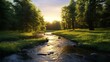 A tranquil forest clearing with a gentle stream, bathed in the soft hues of sunset.