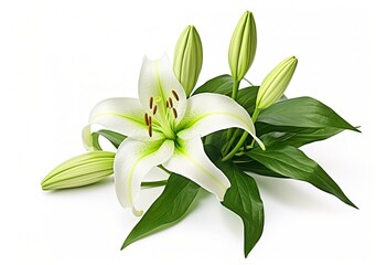 Beautiful fresh lily flower with green leaves, isolated on white background.