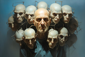 Canvas Print - Man surrounded by many heads of people with wires on them.