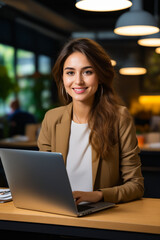 Sticker - Woman sitting at table with laptop computer in front of her.