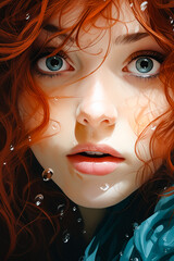 Sticker - Painting of woman with red hair and blue eyes.