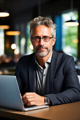 Sticker - Man in suit and glasses sitting at table with laptop.