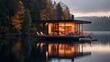 A floating tiny home on a serene lake, where the reflection of the water adds to the feeling of peaceful seclusion