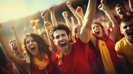 Group of sport fans on stadium cheering football match with flags national, Celebrating to the winner.