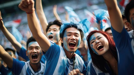 Group of sport fans on stadium cheering football match with flags national, Celebrating to the winner.