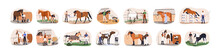 Horse Care, Treatment And Training Set. Equestrians With Stallions In Stables. Workers Breeding, Cleaning, Grooming, Feeding Equine Animals. Flat Vector Illustrations Isolated On White Background