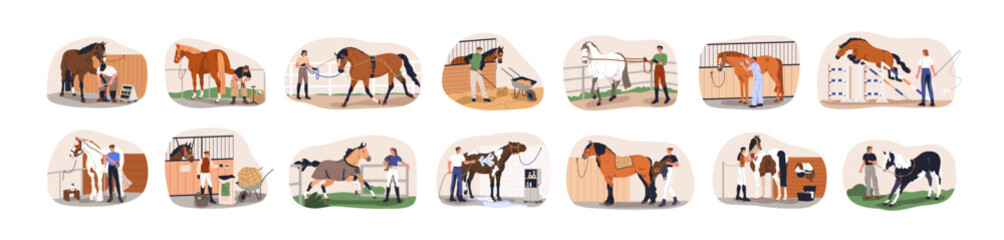 horse care, treatment and training set. equestrians with stallions in stables. workers breeding, cle