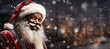 Black african american santa claus in snow in front of trees. With copy space.