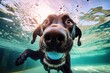 Underwater portrait of a labrador dog with ball in mouth