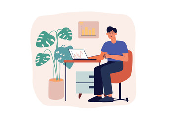 Aufkleber - Statistical analysis concept with people scene in the flat cartoon design. A data processing specialist analyzes business information and tries to structure it. Vector illustration.