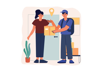 Aufkleber - Delivery concept with people scene in the flat cartoon design. The courier of the delivery service brought a large parcel to the customer's apartment. Vector illustration.