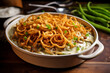 Green Bean Casserole, A casserole made with green beans, cream of mushroom soup, and crispy fried onions is a classic side dish