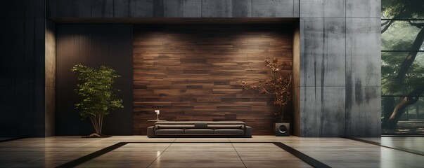 In this modern minimalist living room with a large old wooden door, doors with architrave, and stains on the door, there is a minimalist style and futuristic interior design.