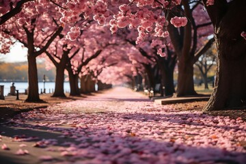 Poster - AI generated illustration of a pathway lined with blooming pink cherry trees